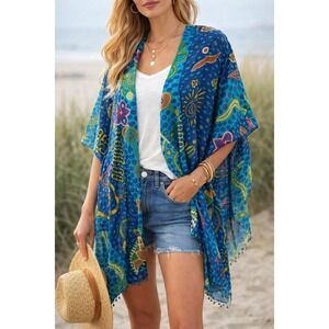 Jasmine by K.V.M. Blue Cotton Beaded Trim Animal Print Scarf Wrap Sarong India